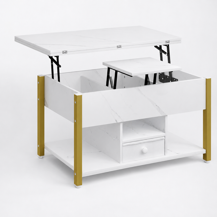 Table basse relevable extensible effet marbre blanche – 4 en 1, relevable & extensible