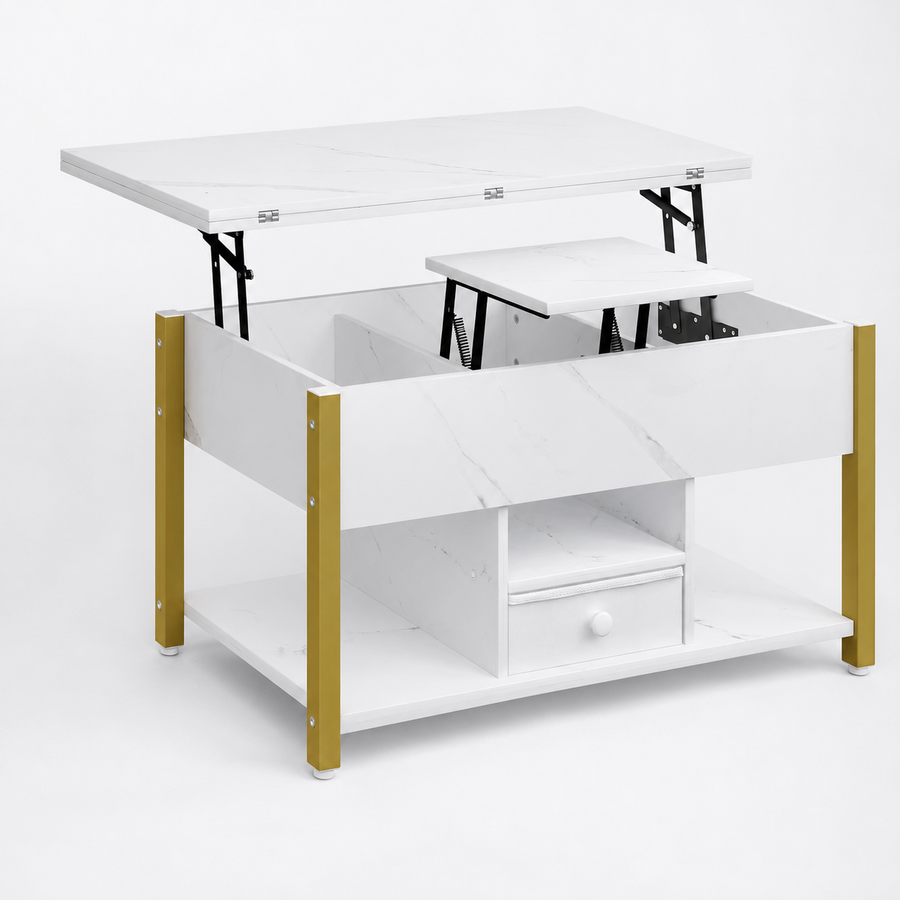 Table basse relevable extensible effet marbre blanche – 4 en 1, relevable & extensible