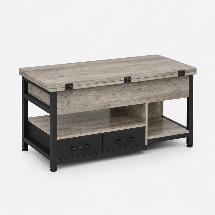Table basse relevable extensible grise avec rangements – Plateau relevable, 4 à 6 couverts