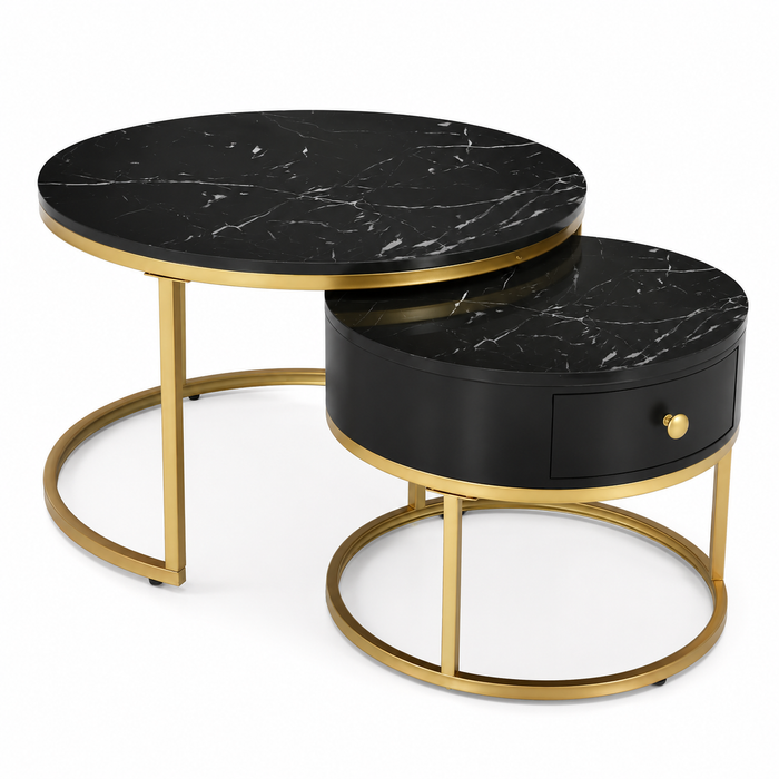 Table basse ronde gigogne effet marbre design noir – Métal doré, 2 tables
