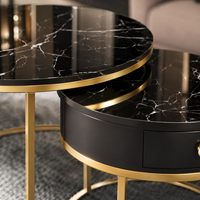 Table basse ronde gigogne effet marbre design noir – Métal doré, 2 tables 5