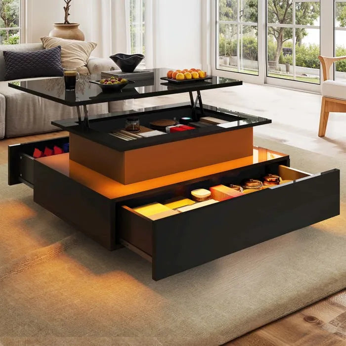 Table basse relevable rectangulaire bois avec éclairage LED – Plateau relevable & LED